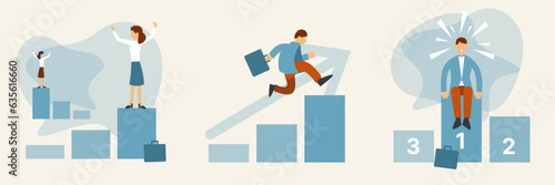 The path of success. Businessman. Businesswoman. First place. On the top.