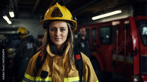 Woman firefighter female in a helmet first responders at the firefighting station 