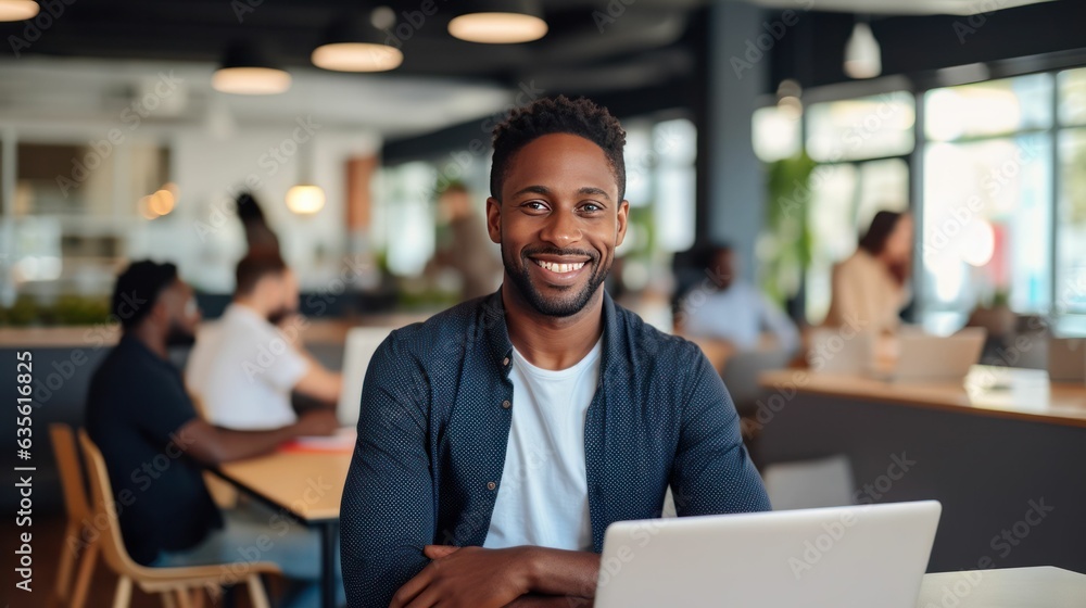 Black african american man working on a laptop in the office and smiling Black african american man working on a laptop in the office and smiling