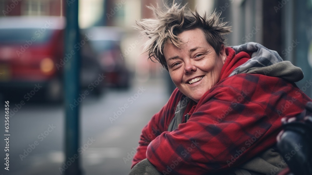 Homeless UK woman smiling on camera