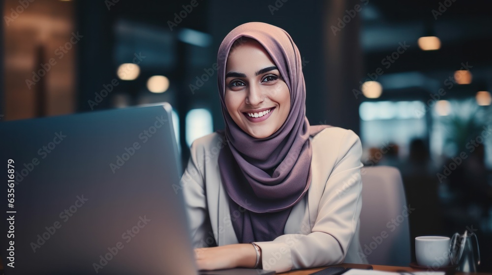 Beautiful muslim woman working on laptop at home