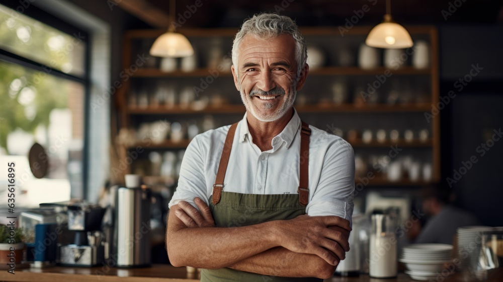 Senior man coffee shop owner smiling. Cafeteria barista Senior man coffee shop owner smiling. Cafeteria barista