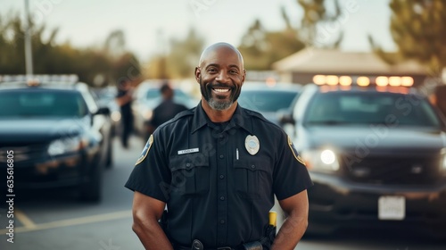 Middle aged black african american male police officer man smiling