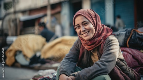 Muslim woman poor refugee smiling on camera