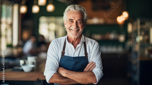 Coffee shop owner old man smiling. Cafeteria barista  © Generative Professor