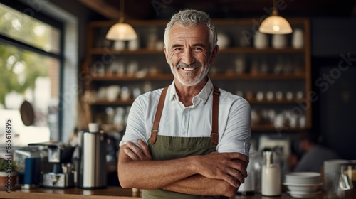 Senior man coffee shop owner smiling. Cafeteria barista 