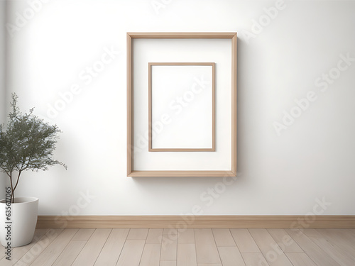Modern indoor interior design with realistic wooden square empty picture frame Mockup on white wall for product presentation. 3D poster frame template living room wooden floor
