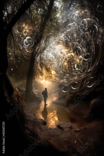 Painting of a solitary figure standing in a dark cave beneath a mysterious light photo