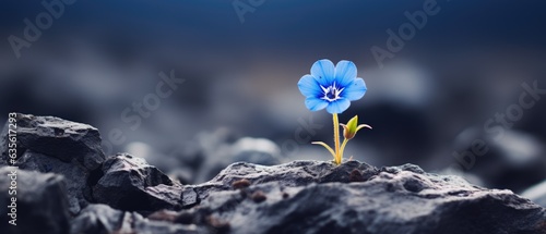 Delicate flower in bloom growing on harsh tundra rock cliff, violet blue petals, ice cold winter morning, panoramic macro closeup - generative AI 