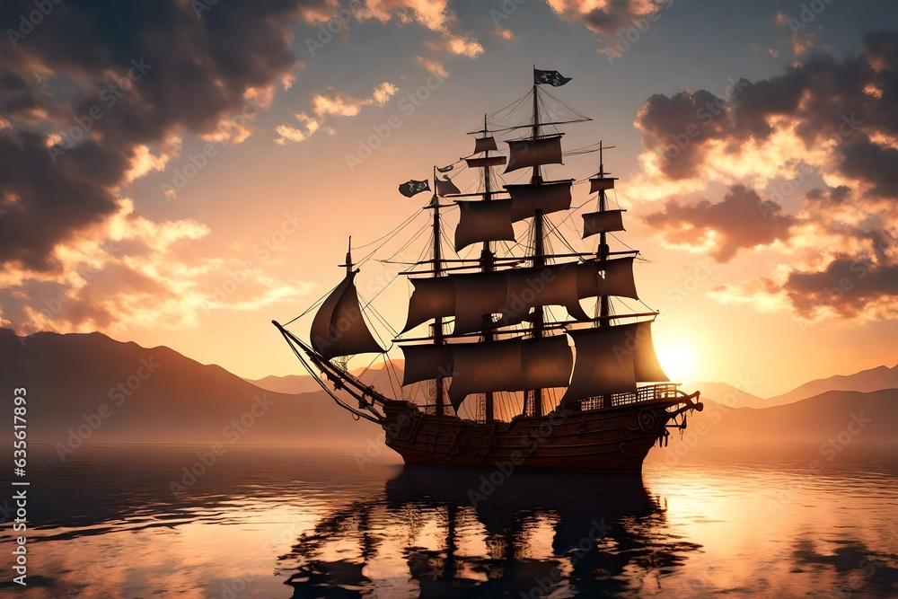Pirate port overlooking old sailing ship in sea at sunset 3d rendering