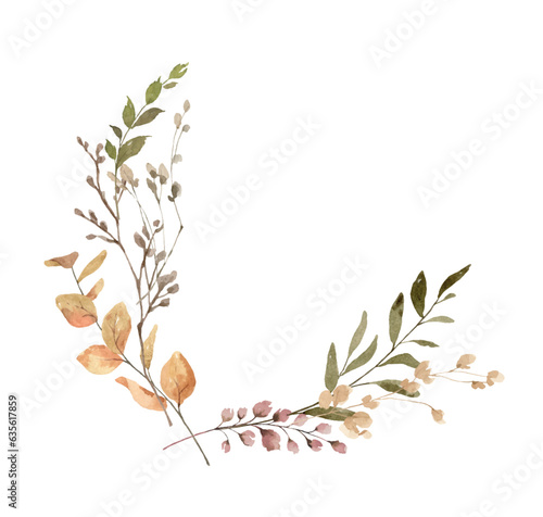 Watercolor vector wreath with dry autumn twigs and leaves.