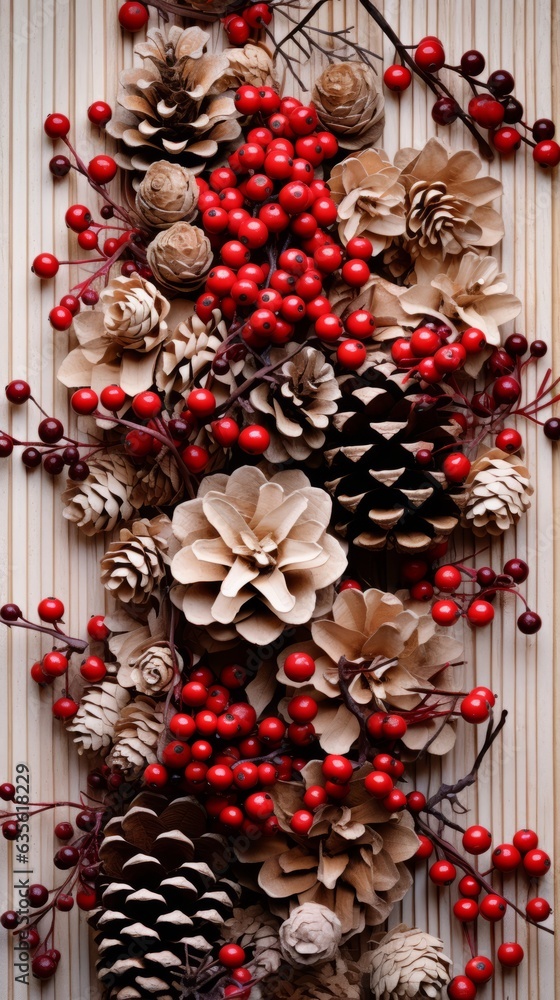 Christmas card decorated with pine cones and cranberries. Generative AI