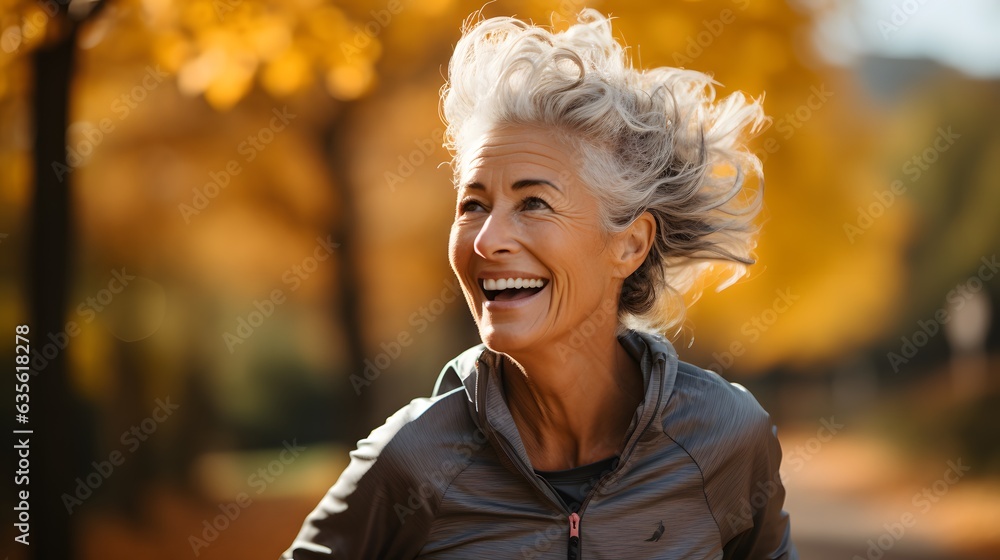 Autumn Wellness: Senior Woman Jogging Through Forest on Sunny Afternoon Autumn Wellness: Senior Woman Jogging Through Forest on Sunny Afternoon