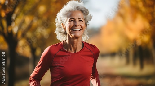 Autumn Fitness: Elderly Woman Running in Forest During Sunny Afternoon