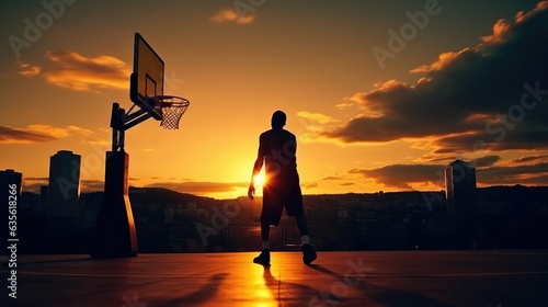 Silhouette of player preparing to dunk on basketball court with sunset and city skyline in the background. © OKAN