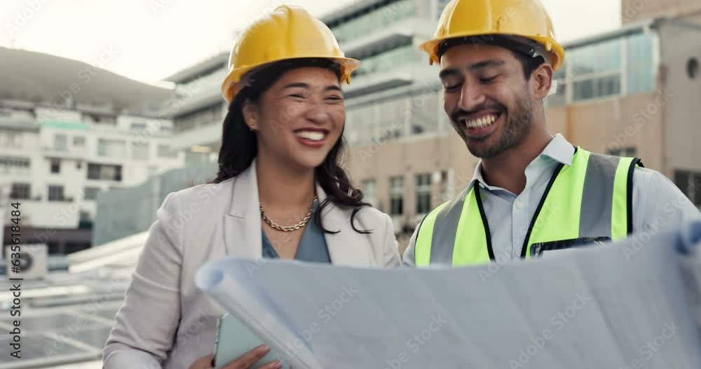 People, architect and blueprint on rooftop in planning, building inspection or construction together on site. Man and woman, contract or engineering team in project or floor plan in city architecture People, architect and blueprint on rooftop in planning, building inspection or construction together on site. Man and woman, contract or engineering team in project or floor plan in city architecture