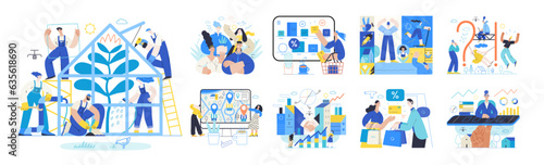Memphis business illustration, company - modern outlined flat vector concept illustrations set, corporate Corporate Memphis style business metaphor