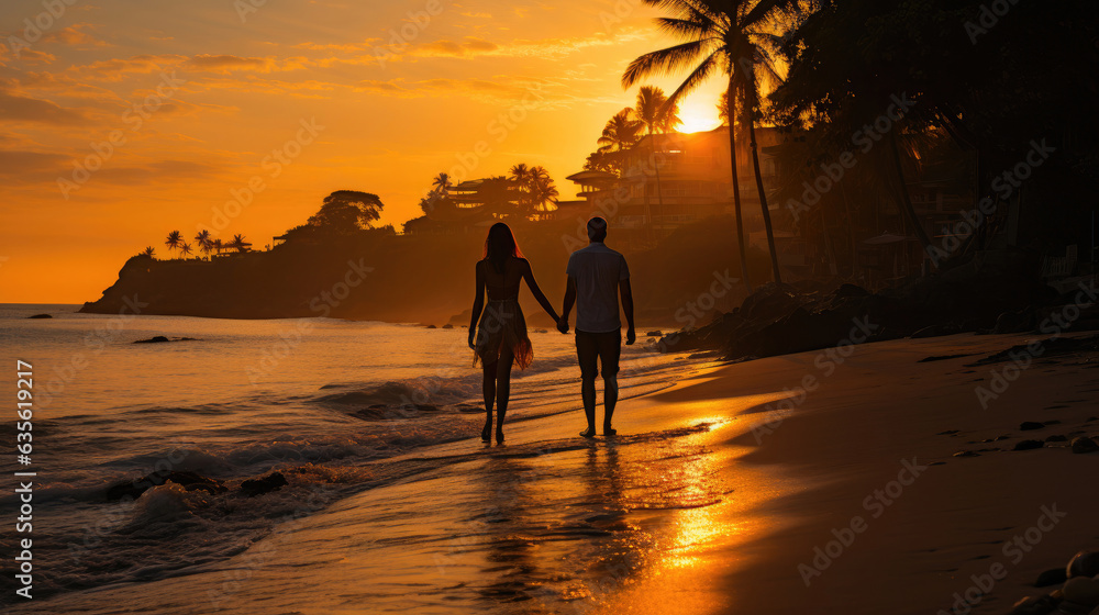 Couple walking hand-in-hand along a Bali beach
