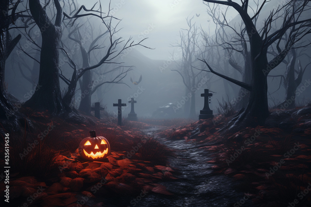Halloween landscape with eerie misty forest.