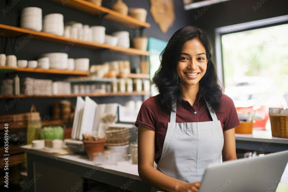 Shopkeeper's Delight: Young Asian Woman Engaged at Work Shopkeeper's Delight: Young Asian Woman Engaged at Work