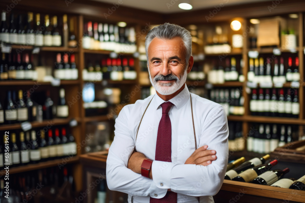 Smiling Businessman Showcasing his Wine Emporium Smiling Businessman Showcasing his Wine Emporium