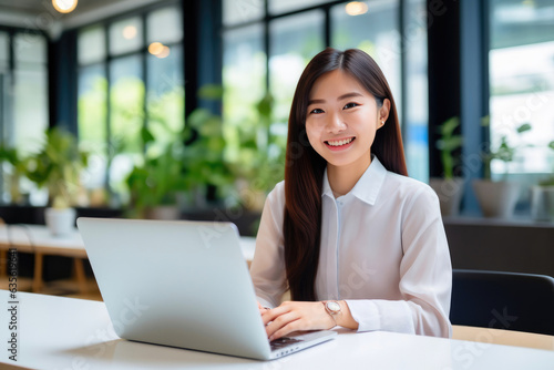 Focused Asian Woman Engaged in Office Laptop Work