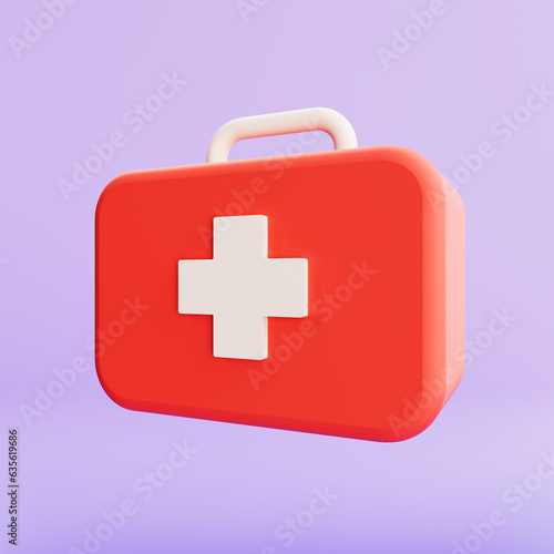 Simple red first aid kit with medicines for pharmacy category illustration 3d rendering.
