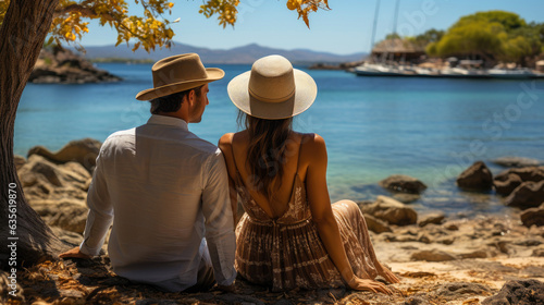 Couple with sun hats enjoying beautiful views over the ocean. Generative AI