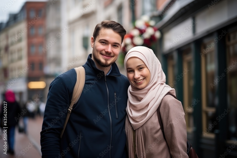 Happy Middle eastern smiling couple posing in a city street Happy Middle eastern smiling couple posing in a city street