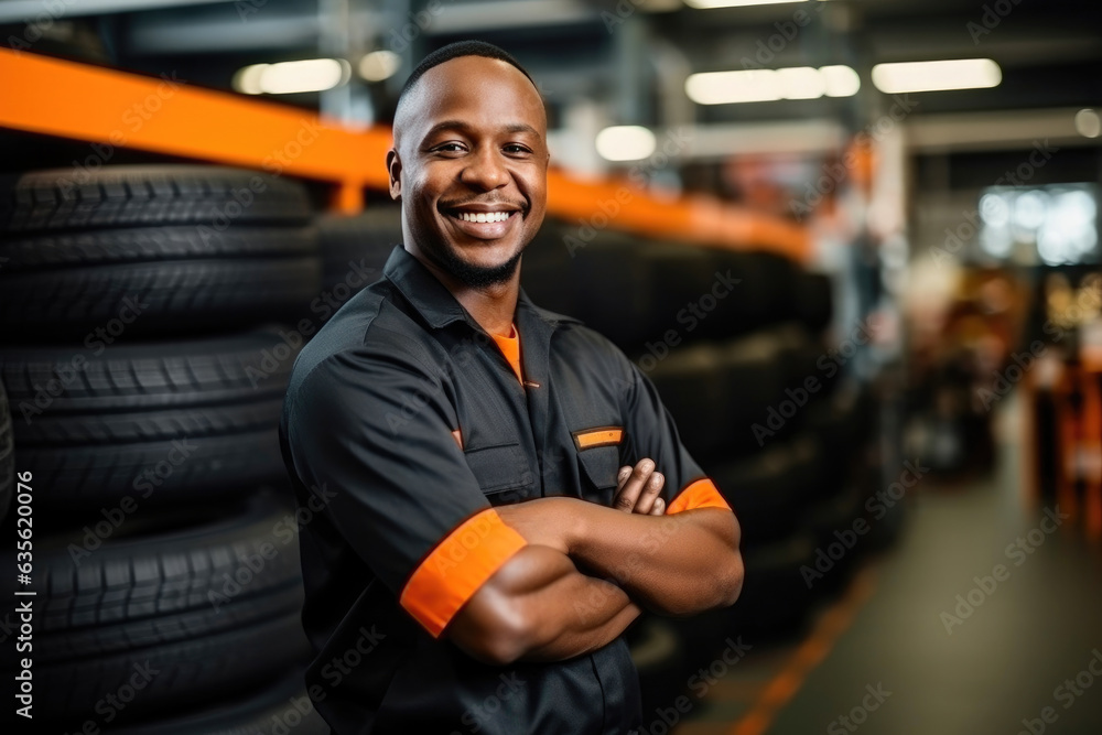 Smiling African Male Mechanic in Automotive Workshop Smiling African Male Mechanic in Automotive Workshop