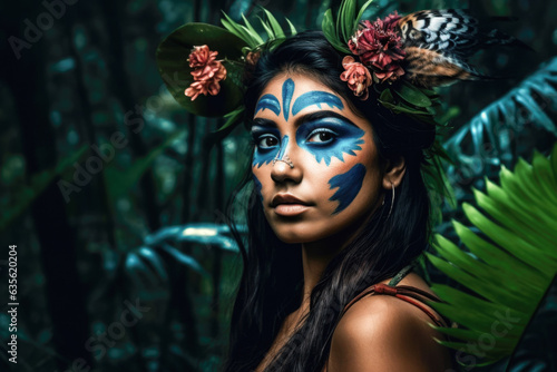 Captivating headshot of a young Hawaiian woman with blue face paint in a jungle