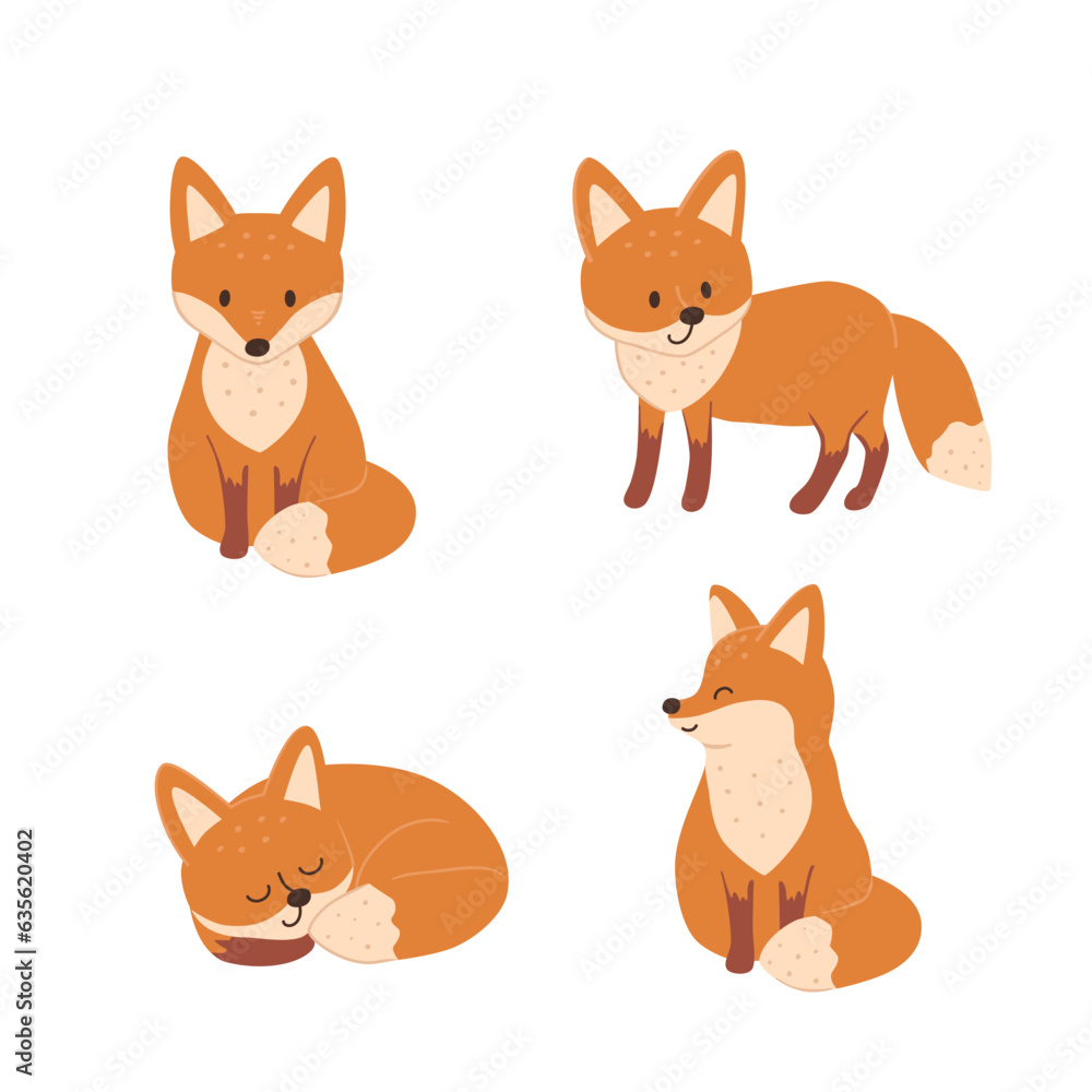 Set with cute foxes in different poses. Collection of childish animals for kids design. Doodle hand drawn vector illustration.