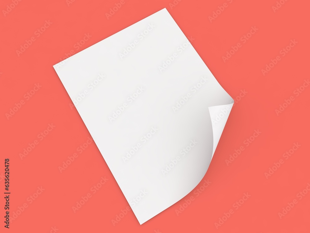 Curved white sheet of A4 paper on a red background. 3d render illustration. Curved white sheet of A4 paper on a red background. 3d render illustration.