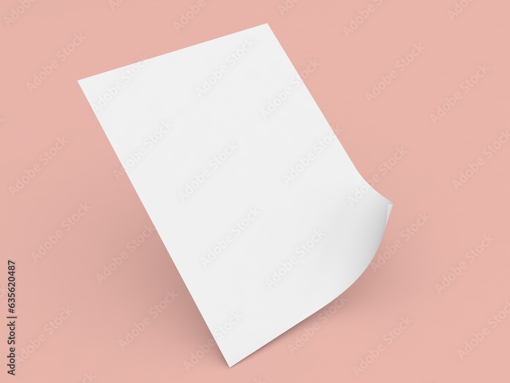 A white sheet of paper with a curved edge in A4 size on a orange background. 3d render illustration. A white sheet of paper with a curved edge in A4 size on a orange background. 3d render illustration.