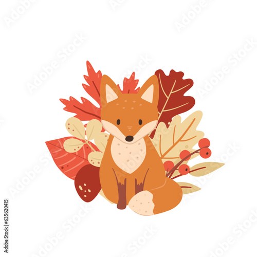 Cute fox cub surrounded by twig leaves. Kids vector illustration for print and design