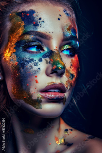 Young woman with multicolored face paint and captivating gaze