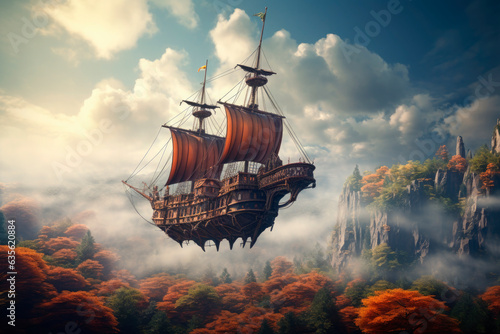 flying pirate ship flying above the mountains. Fantasy illustration