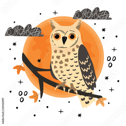 Cartoon owl sitting on a branch.Background with a huge moon, clouds and doodle elements.Colorful print on fabric and paper.Creating for card,flyer,scrapbooking.Vector flat illustration on a white.