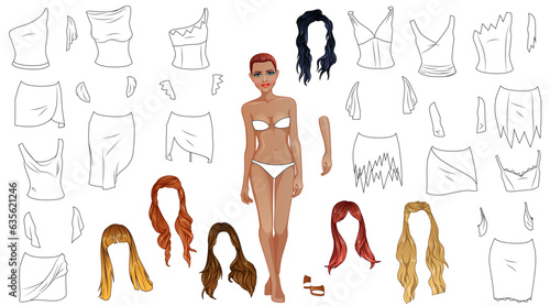 Cave Woman Fashion Coloring Page Paper Doll with Cute Cartoon Character, Clothes and Hairstyles. Vector Illustration