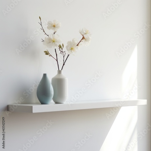 A white wall shelf is adorned with just one flower vase  creating a subtle and minimalist accent in the space.