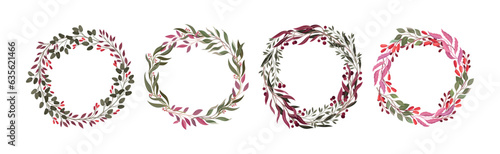 Berry Twig and Branches Round Wreath and Frame Vector Set