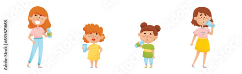 Woman and Girl Drinking Water from Glass and Plastic Bottles Vector Set