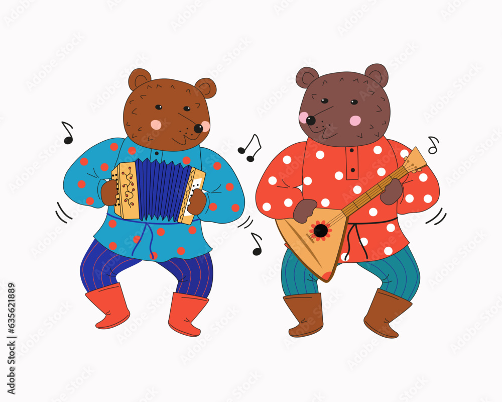 Musician bears. Russian Bear with balalaika and harmonica. Musical ...