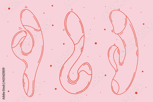 Outline sex toys. Red erotic set on a pink background. Hand drawn. Line art. Modern style.