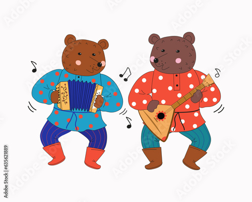 Musician bears. Russian Bear with balalaika and harmonica. Musical instrument. Animal cartoon. Bear in national dress. Note signs. Vector illustration on an isolated background.