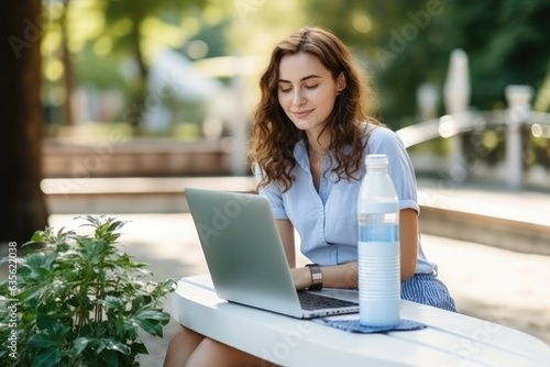 Upset tired woman suffering from heat and thirst cools down with cold refreshing water bottle during online working at computer at hot summer day