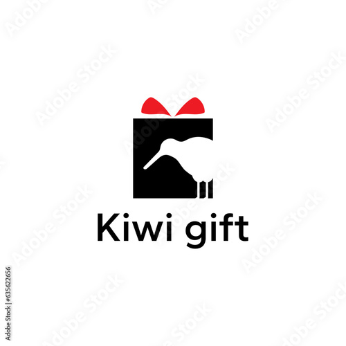 Logo of a kiwi bird ingeniously crafted within negative space of a gift box with a bow. A delightful blend of nature and surprise. Vector illustration.