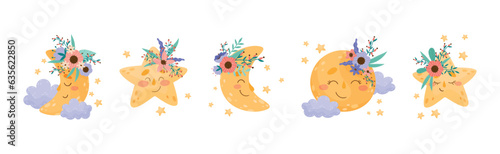 Cartoon Moon and Star with Floral Adornment Shining at Night and By Day Vector Set