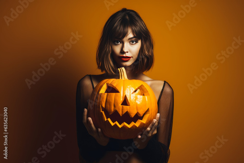 Magician woman in Halloween outfit and halloween makeup holding carved pumpkin, isolated over yellow background. Generative AI.