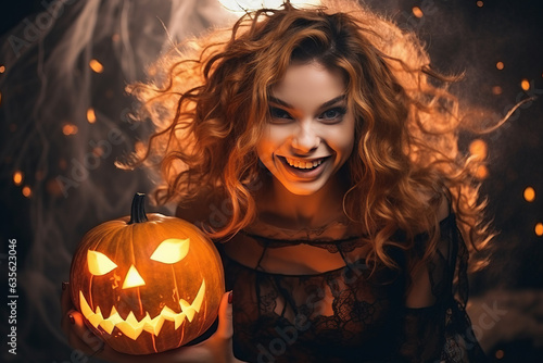 Magician girl in Halloween outfit and halloween makeup holding carved pumpkin. Generative AI.